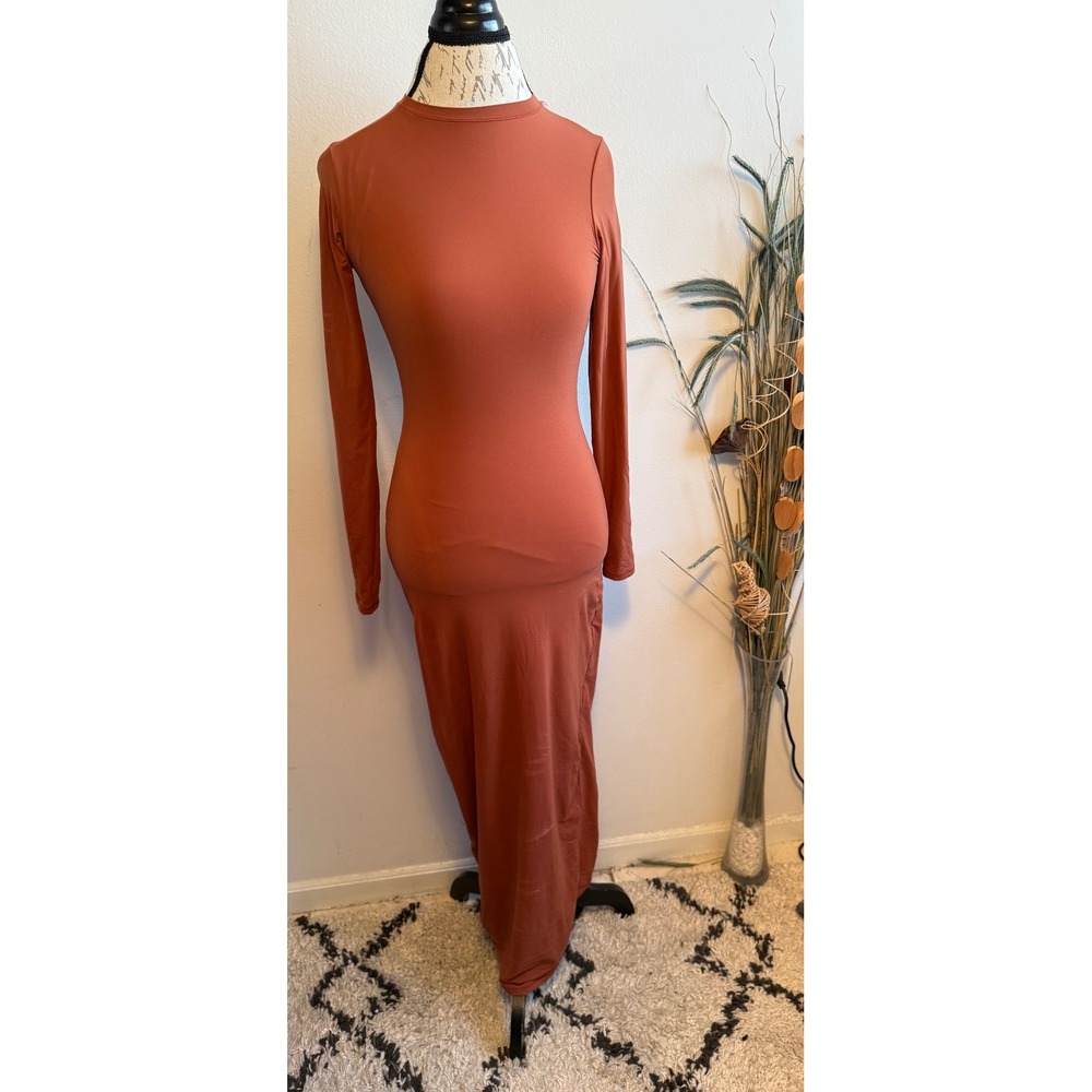 Skims Fits Everybody Long Sleeve Maxi Dress Rust Copper Orange Medium Bodycon